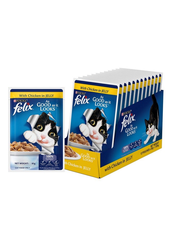 PURINA Felix As Good As It Looks Wet Food For Adult Cats|Complete And Balanced Cat Food |Chicken Flavour|Pack Of 12 Pouches (12 X 85 G) - Image 1