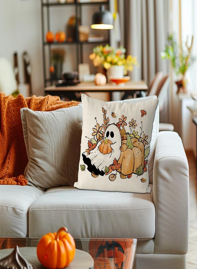 GAGEC Halloween Pillow Covers 18x18 Inch Ghost Floral Throw Pillow Covers Holiday Farmhouse Fall Pillowcase Couch Cushion Case for Indoor Outdoor Home Sofa Decor - Image 4