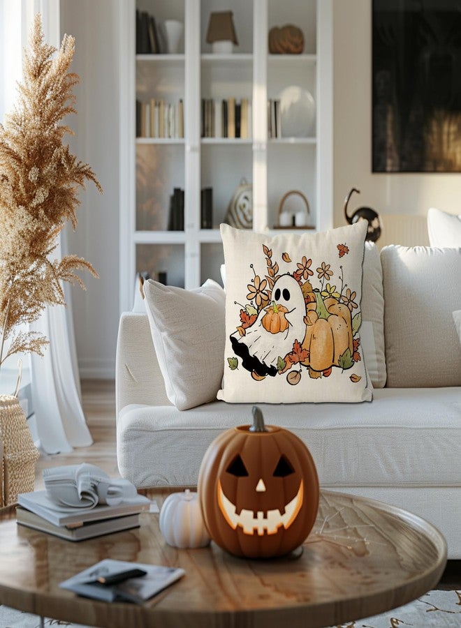 GAGEC Halloween Pillow Covers 18x18 Inch Ghost Floral Throw Pillow Covers Holiday Farmhouse Fall Pillowcase Couch Cushion Case for Indoor Outdoor Home Sofa Decor - Image 5