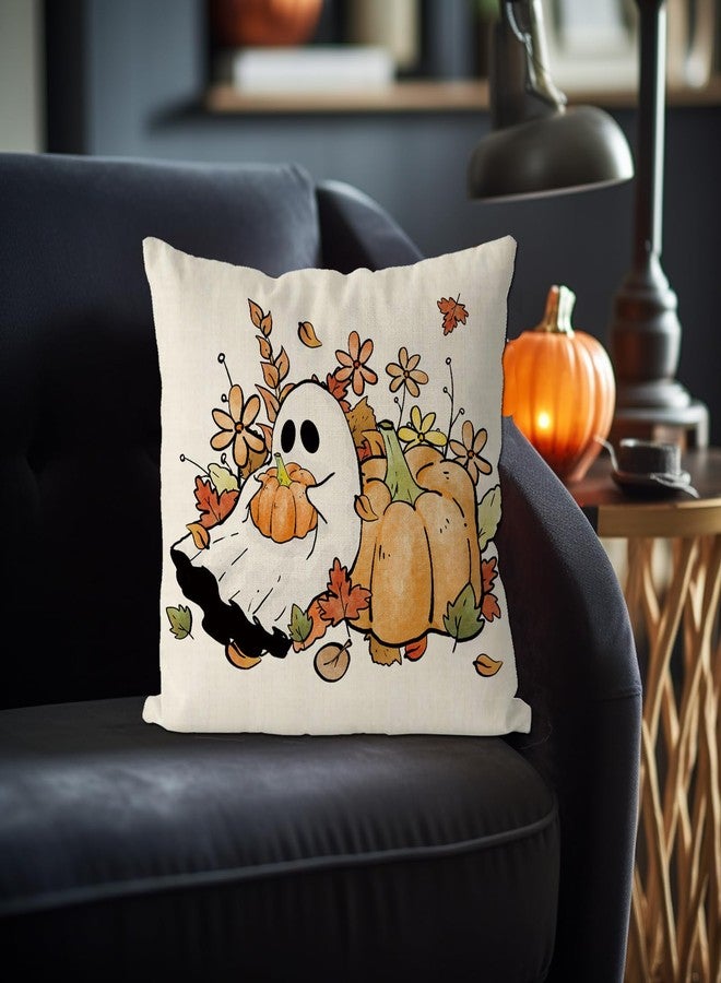 GAGEC Halloween Pillow Covers 18x18 Inch Ghost Floral Throw Pillow Covers Holiday Farmhouse Fall Pillowcase Couch Cushion Case for Indoor Outdoor Home Sofa Decor - Image 2