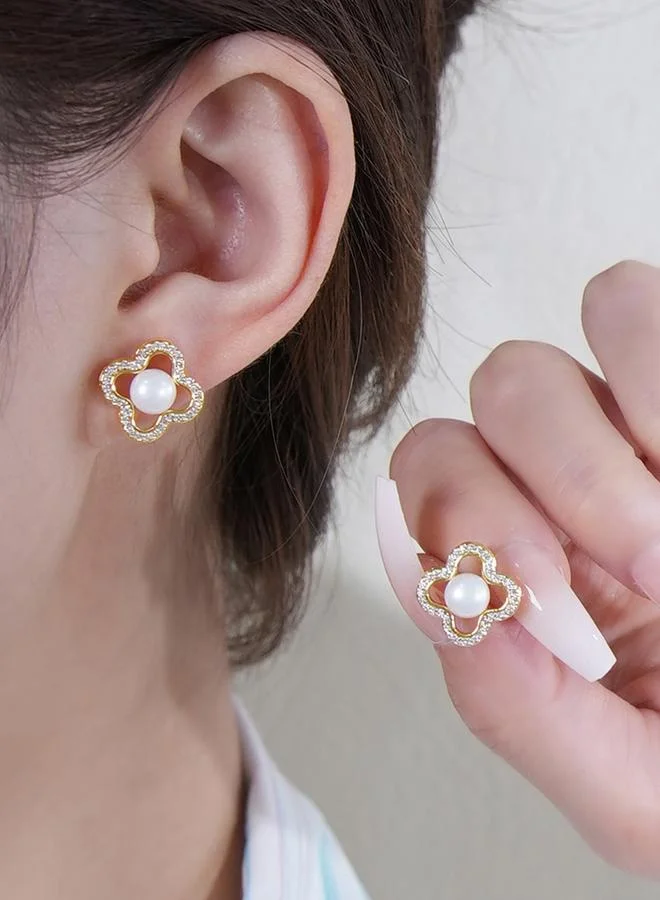 Take Two Gold Take Two Four-Leaf Clover Shape Earrings with Faux Pearl for Women | Best Price UAE