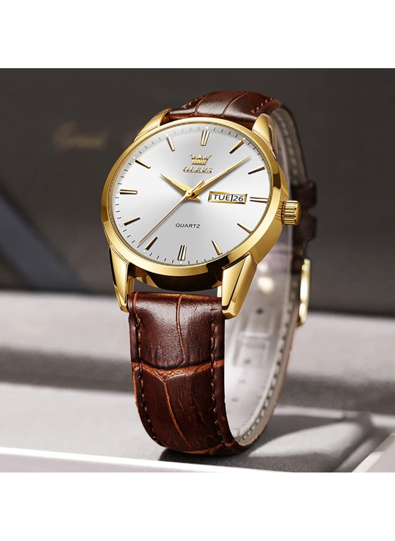 OLEVS OLEVS Men's Chronograph Quartz Watches, Leather Strap Gold Case with Day Date, Waterproof Wrist Watch, Luminous Watches for Men, Fashion, Leisure  - Image 5