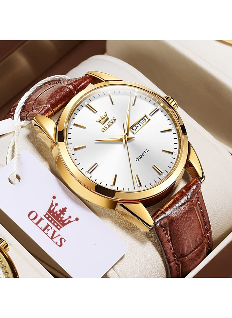 OLEVS OLEVS Men's Chronograph Quartz Watches, Leather Strap Gold Case with Day Date, Waterproof Wrist Watch, Luminous Watches for Men, Fashion, Leisure  - Image 3