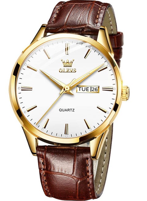 ساعات كوارتز كرونوغراف للرجال من OLEVS، هيكل ذهبي بسوار جلدي مع تاريخ نهاري، ساعة يد من الفولاذ المقاوم للصدأ مقاومة للماء، ساعات مضيئة للرجال، الموضة والترفيه