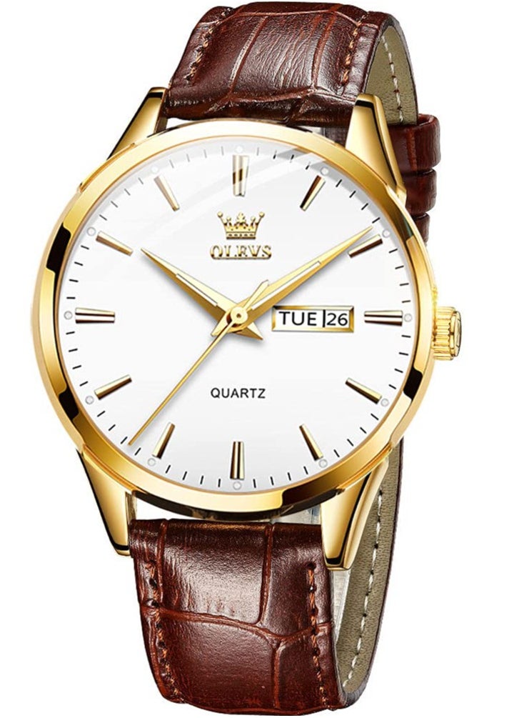 OLEVS OLEVS Men's Chronograph Quartz Watches, Leather Strap Gold Case with Day Date, Waterproof Wrist Watch, Luminous Watches for Men, Fashion, Leisure  - Image 1