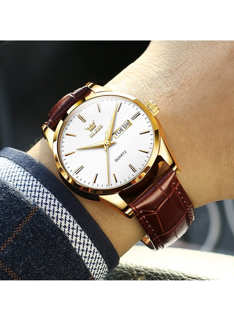 OLEVS OLEVS Men's Chronograph Quartz Watches, Leather Strap Gold Case with Day Date, Waterproof Wrist Watch, Luminous Watches for Men, Fashion, Leisure  - Image 2
