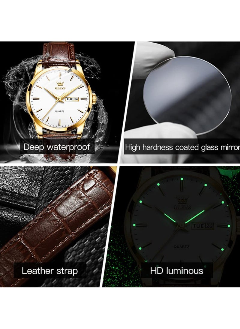 OLEVS OLEVS Men's Chronograph Quartz Watches, Leather Strap Gold Case with Day Date, Waterproof Wrist Watch, Luminous Watches for Men, Fashion, Leisure  - Image 4