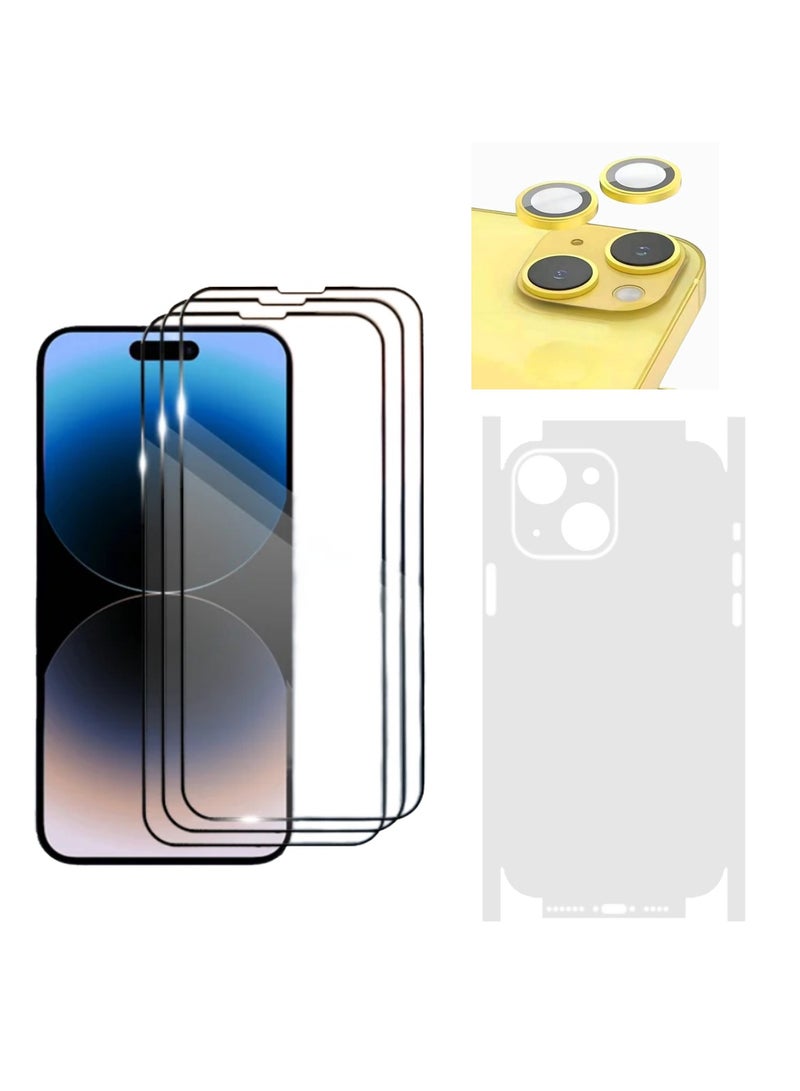 DIGI CORE مجموعة حماية كاملة لجهاز آيفون 14 بلس، واقي شاشة 3 عبوات 6.7 بوصة حواف منحنية 2.5D مع عدسة كاميرا آيفون 14 بلس وورقة شفافة من PVC مضادة للخدش (آيفون 14 بلس، أصفر) - Image 1