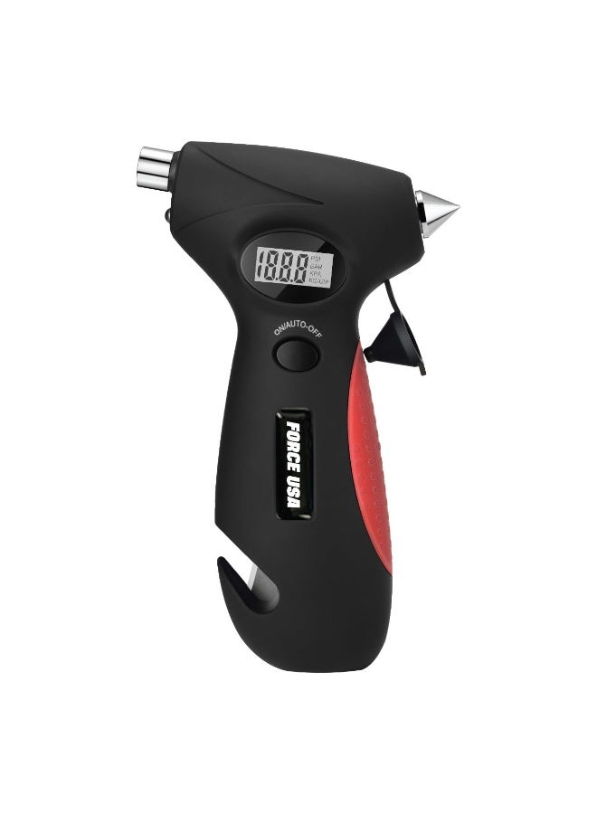 FORCE USA مراقب ضغط الإطارات الرقمي 5 في 1 - أداة سلامة متعددة الوظائف للسيارة مع ضوء LED، وكاسر نوافذ، وقاطع حزام الأمان، ومقياس عمق المداس للاستخدام الطارئ على جانب الطريق للسيارات، SUVs، والدراجات النارية