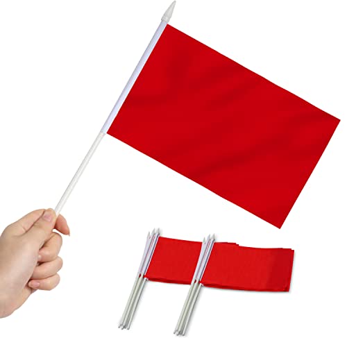 Anley Red Mini Flag 12 Pack - Hand Held Small Miniature Solid Red Blank Flags on Stick - Fade Resistant & Vivid Colors - 5x8 Inch with Solid Pole & Spear Top - Image 1