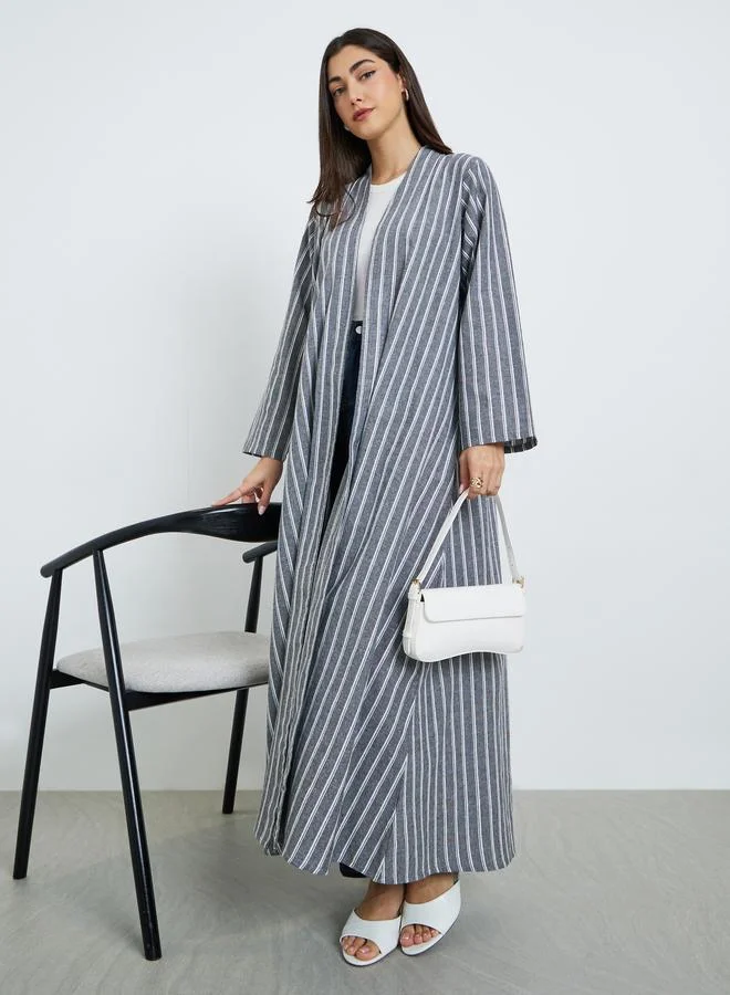 Grey Striped Open Front A-Line Abaya