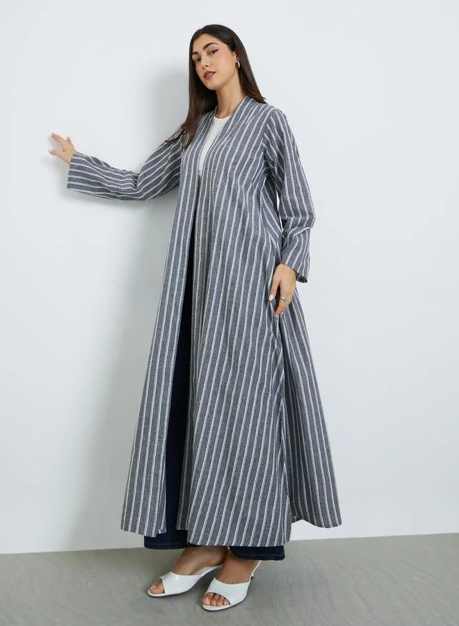 Amirah  Grey Striped Open Front A-Line Abaya for Women | Best Price UAE