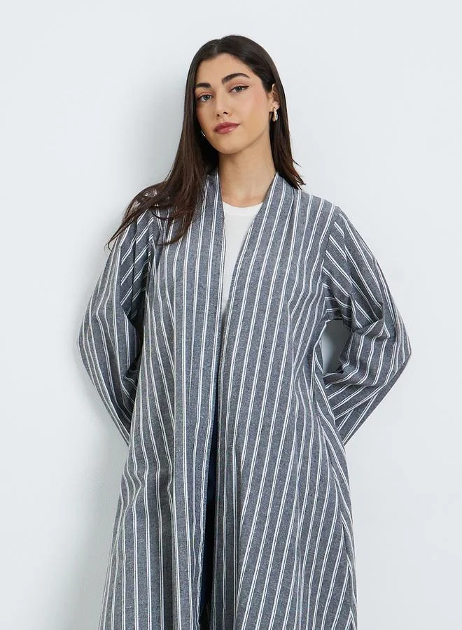 Amirah Grey Striped Open Front A-Line Abaya