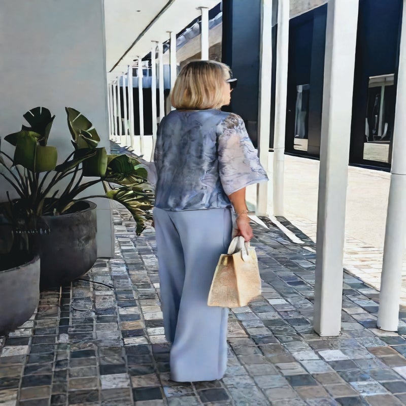 Chiffon Printed Two-Piece Set Elegant Round Neck Three-Quarter Sleeve Top and Pants - Image 4