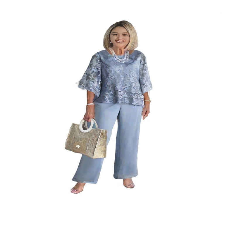 Chiffon Printed Two-Piece Set Elegant Round Neck Three-Quarter Sleeve Top and Pants - Image 1