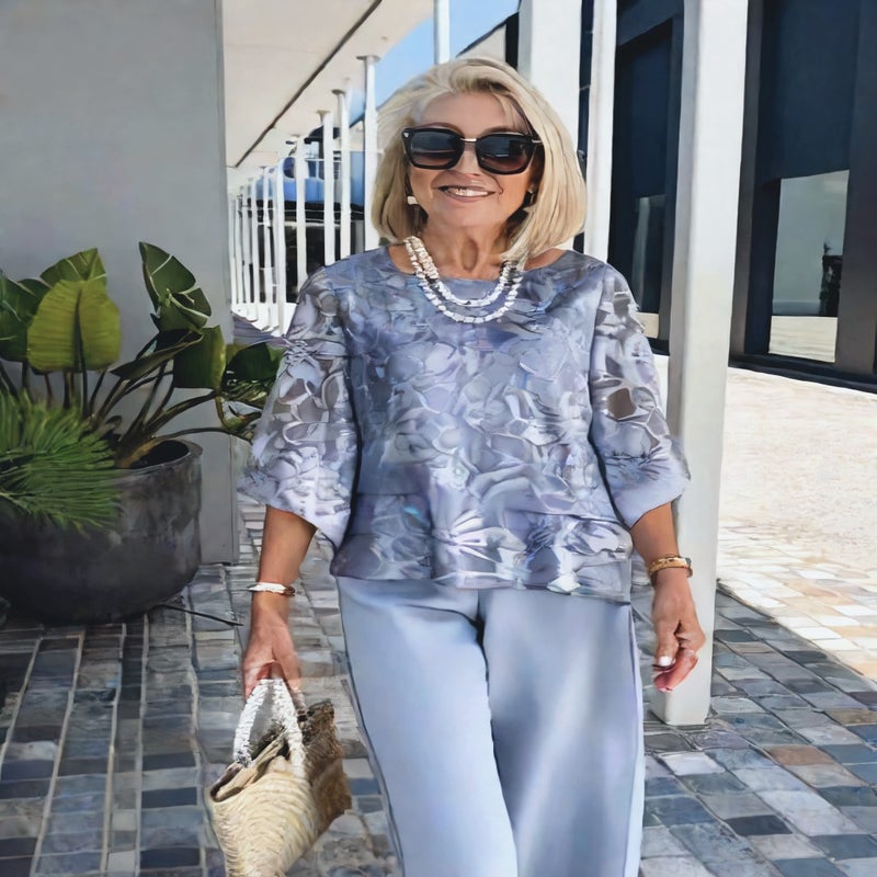 Chiffon Printed Two-Piece Set Elegant Round Neck Three-Quarter Sleeve Top and Pants - Image 2