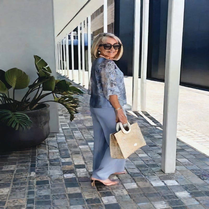 Chiffon Printed Two-Piece Set Elegant Round Neck Three-Quarter Sleeve Top and Pants - Image 3