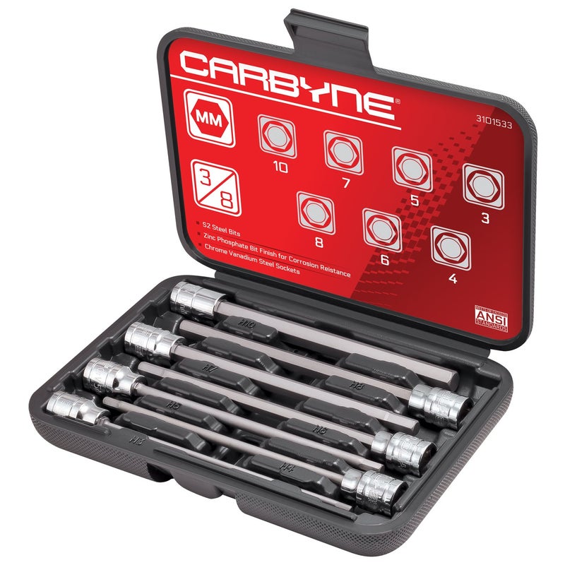 CARBYNE 7-Piece Metric Extra Long Hex (Allen) Bit Socket Set, 3mm to 10mm Sizes, 3/8 in. Drive, S2 Steel Bits, CrV Sockets â€¢ From a Family-Run Tool Company Based in the U.S.A. - Image 1