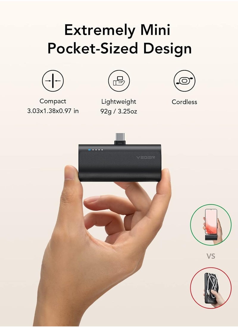 VEGER VEGER Mini Power Bank With Type-C Connector, 5000mAh, Fast Charging 20W, Portable USB C Charger For iPhone 16/15, Samsung, Pixel, Moto, LG, Oculus Quest, Huawei & Android Type C Phones - Black  - Image 3