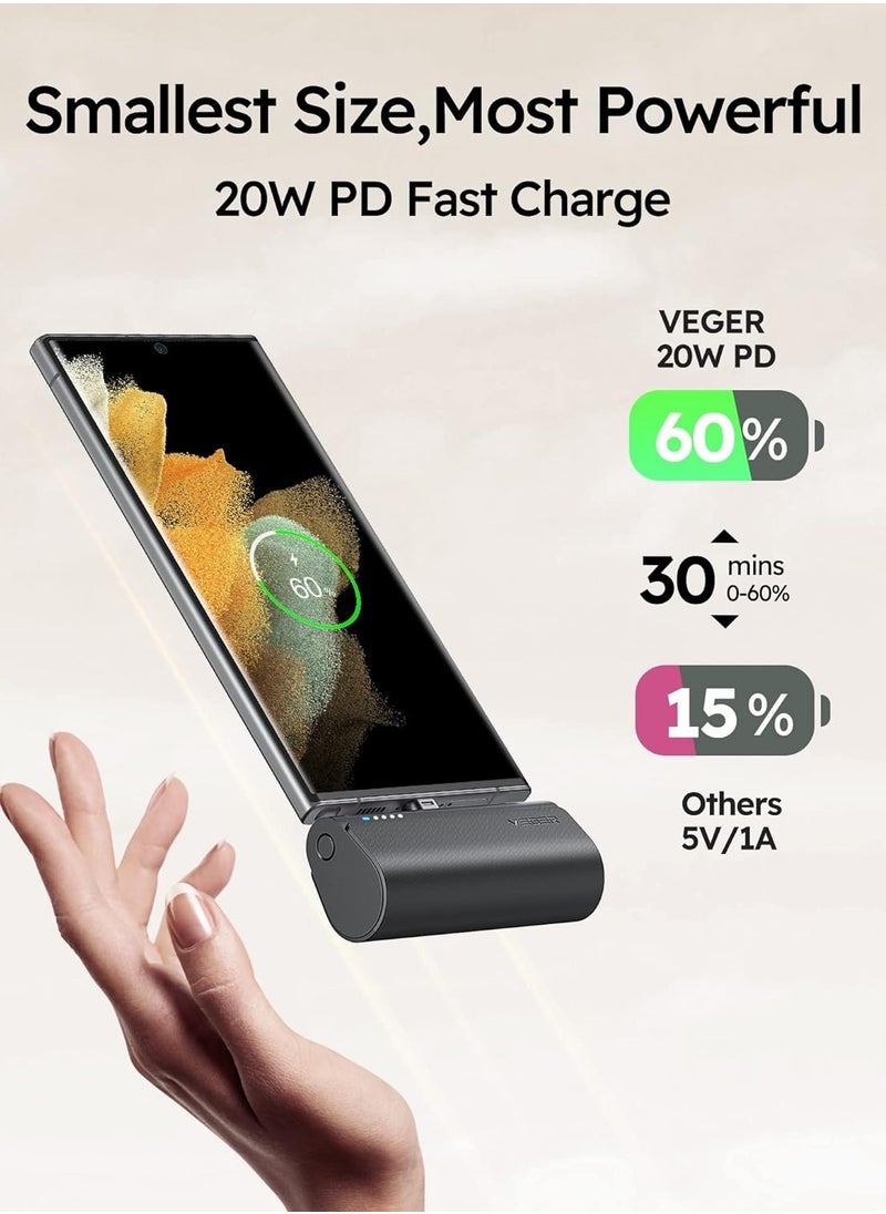 VEGER VEGER Mini Power Bank With Type-C Connector, 5000mAh, Fast Charging 20W, Portable USB C Charger For iPhone 16/15, Samsung, Pixel, Moto, LG, Oculus Quest, Huawei & Android Type C Phones - Black  - Image 4