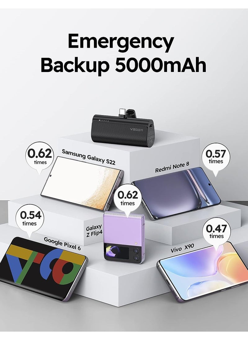 باور بانك صغير من VEGER مع موصل من النوع C، 5000 مللي أمبير في الساعة، شحن سريع 20 وات، شاحن USB C محمول لهواتف iPhone 16/15 وSamsung وPixel وMoto وLG وOculus Quest وHuawei وAndroid من النوع C - أسود