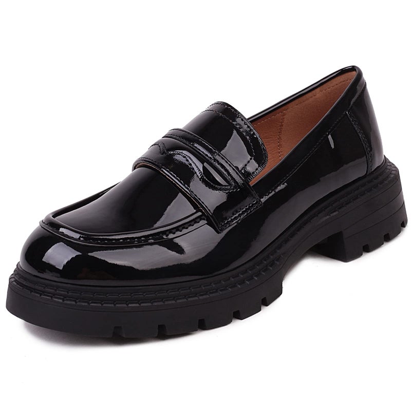 Masika British Style Women's Fashion Loafers, Patent Leather Tassel Loafers, Black Thick-Soled Loafers, Slip-on Thick-Soled Loafers, Simple Casual Flat Shoes,001black,size9 - Image 1