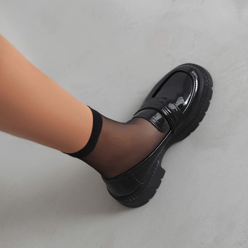 Masika British Style Women's Fashion Loafers, Patent Leather Tassel Loafers, Black Thick-Soled Loafers, Slip-on Thick-Soled Loafers, Simple Casual Flat Shoes,001black,size9 - Image 2