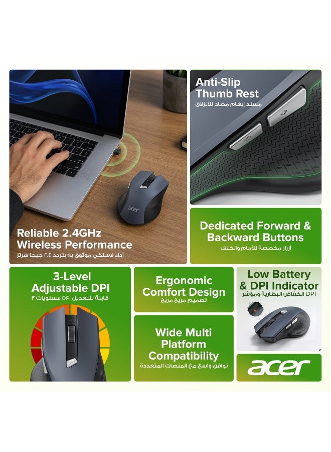 Acer Wireless Mouse - 2.4GHz USB Receiver, 1600 DPI Adjustable, 6 Buttons, Ergonomic Design for PC/Laptop/Desktop - Black black - Image 2