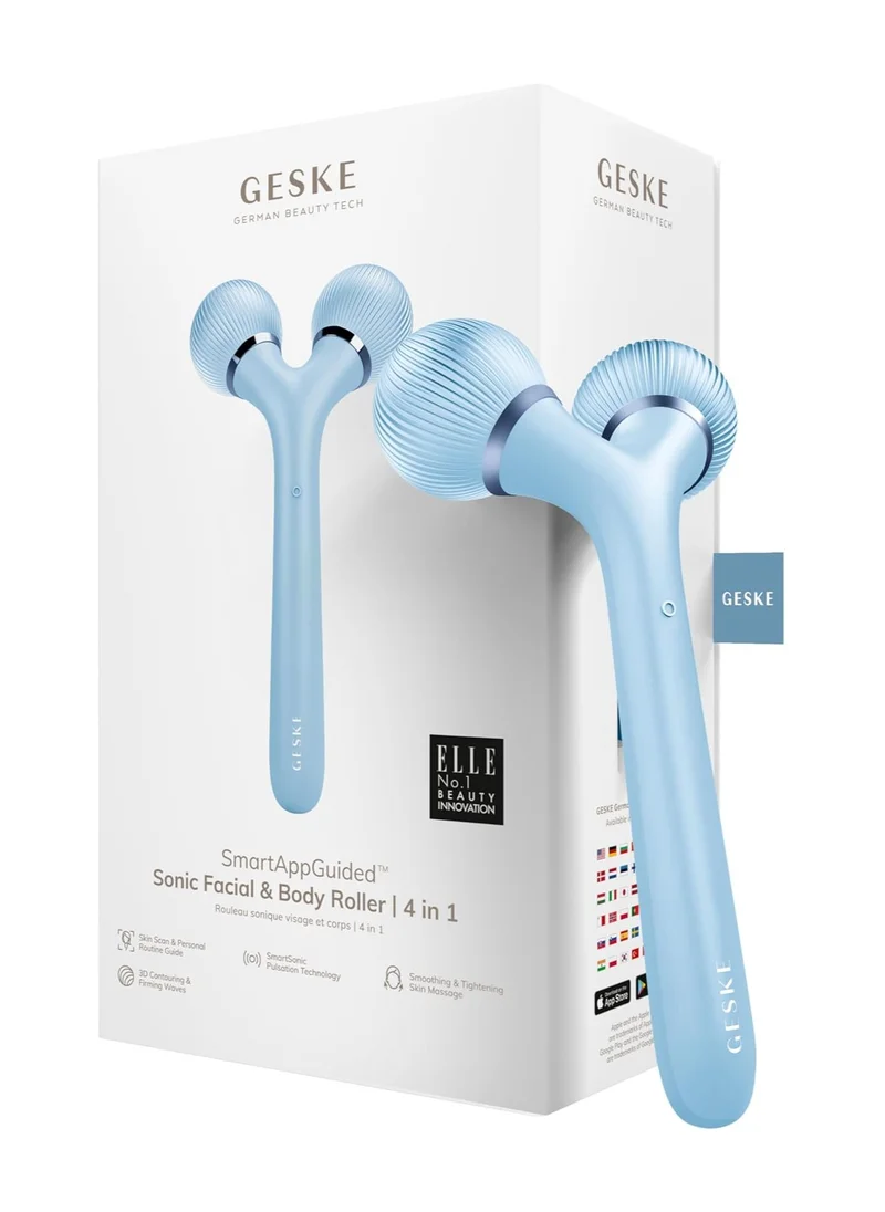 GESKE SmartAppGuided Sonic Facial and Body Roller 4 in 1 Derma Roller Device for Face and Body Dermaroll Professional Face Roller Tightens and Defines Body and Face - Aquamarine