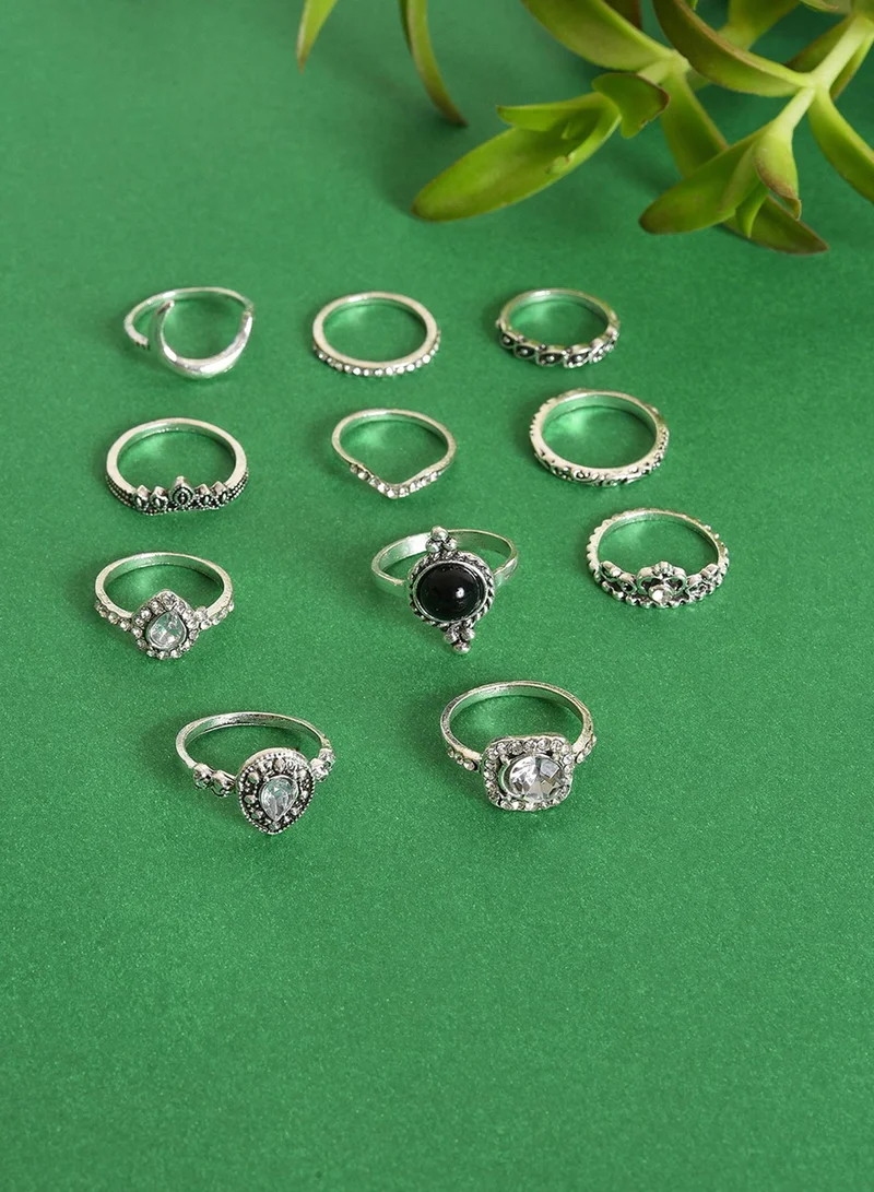 SOHI Set Of 11 White Stone-Studded Artificial Finger Ring Jewellery