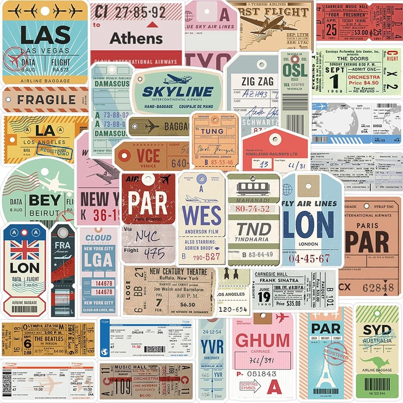 QTL Waterproof Travel Vinyl Stickers Pack for Laptop Kindle Scrapbooking (40 Pcs Boarding Pass Style) - Image 1