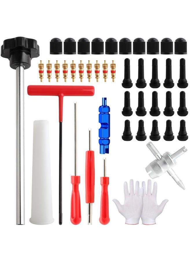 ZHSMS Valve Stem Core Removal Replacement Tool Kit, Tire Valve Stem Removal Tool and TR412, TR413, TR414 Tire Snap in Short Rubber Valve Stem, 4 Way Valve Core Remover(45 PCS) - Image 1