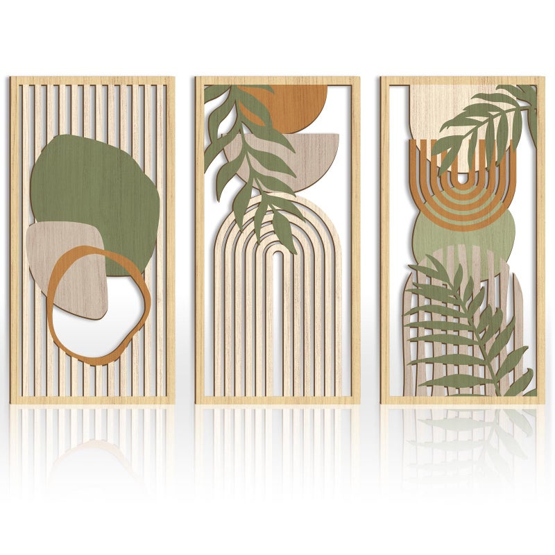 IARTTOP Boho Midcentury Modern Wood Wall Art 16x32 Inch Large Green Abstract Wood Wall Decor Mid Century Bohemian Artwork for Bedroom Living Room Office Kitchen Set of 3