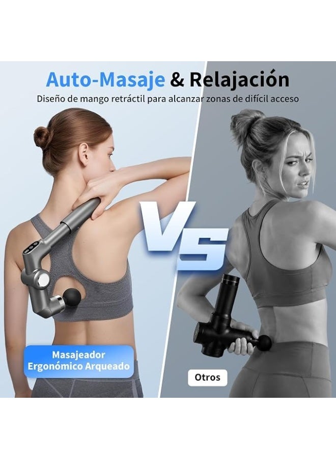 Dectoria Muscle Massage Gun with Extendable Handle Foldable Percussion Back Massager 6 Speeds 4 Massage Heads USB C Rechargeable Gray - Image 2