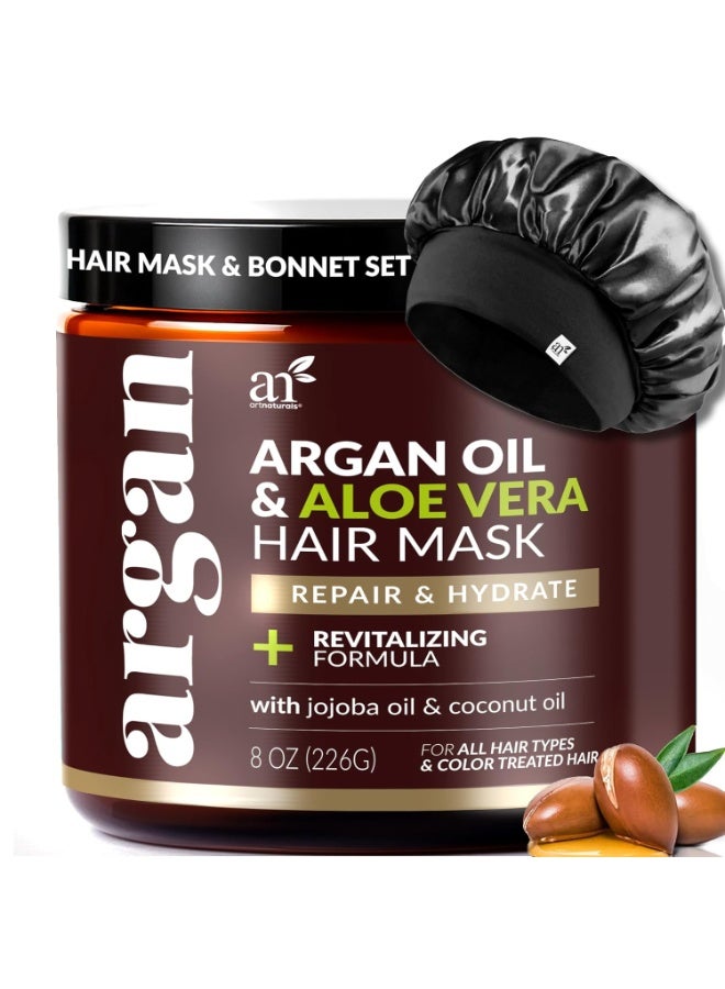 artnaturals مجموعة قناع الشعر + غطاء حريري للنوم للنساء - مكثف عميق ومكثف بدون شطف للشعر الجاف والتالف - زيت الأركان، الجوجوبا، الألوة وكيراتين - غطاء ساتان للنوم، إصلاح وترطيب (8 أونصة) - Image 1