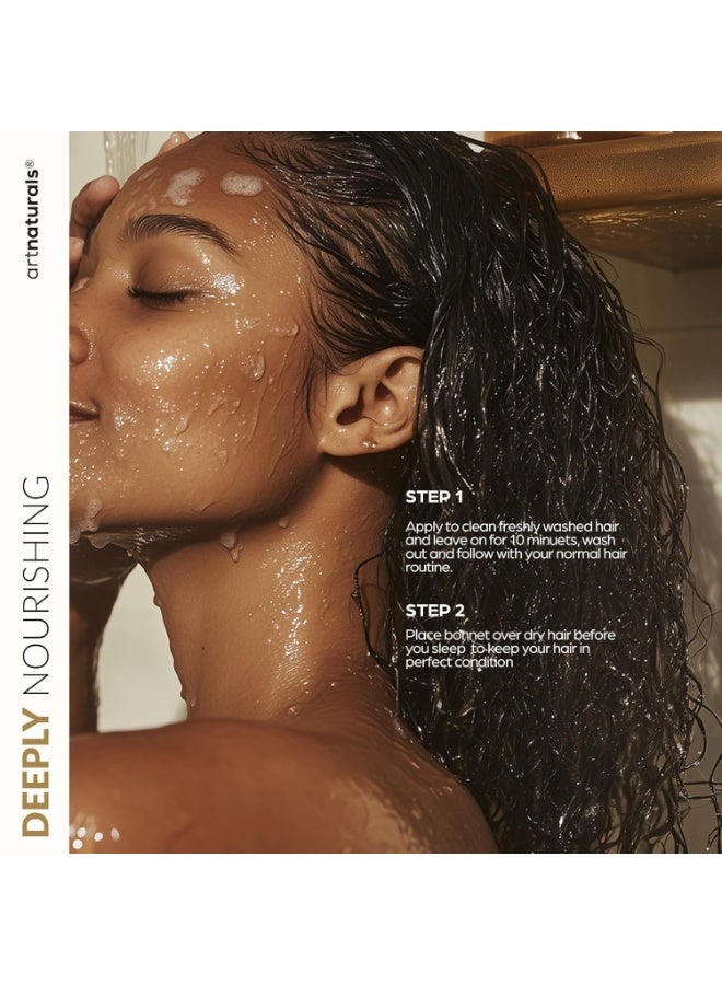 artnaturals مجموعة قناع الشعر + غطاء حريري للنوم للنساء - مكثف عميق ومكثف بدون شطف للشعر الجاف والتالف - زيت الأركان، الجوجوبا، الألوة وكيراتين - غطاء ساتان للنوم، إصلاح وترطيب (8 أونصة) - Image 3