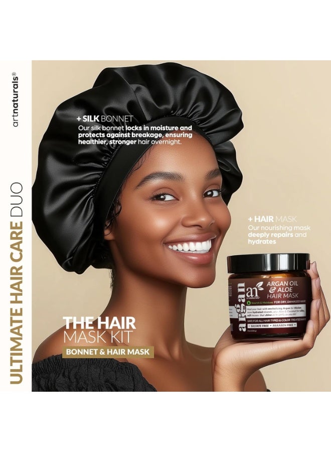 artnaturals مجموعة قناع الشعر + غطاء حريري للنوم للنساء - مكثف عميق ومكثف بدون شطف للشعر الجاف والتالف - زيت الأركان، الجوجوبا، الألوة وكيراتين - غطاء ساتان للنوم، إصلاح وترطيب (8 أونصة) - Image 4
