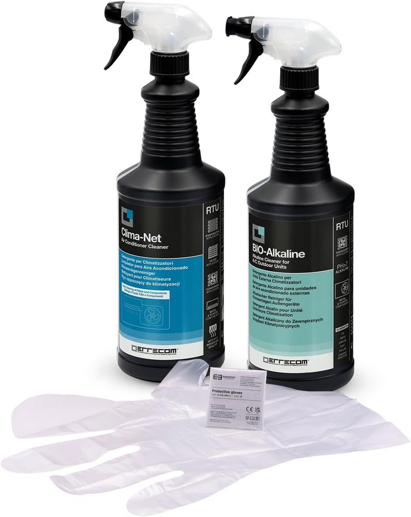 ERRECOM Cleaning Kit for Air Conditioners, includes Clima-Net (1L), Air Conditioning Cleaning Cover Bag Wally, BIO-Acid and BIO-Alkaline 2 L Biodegradable Condenser Cleaners, Gloves Cross part assemble fit - Image 1
