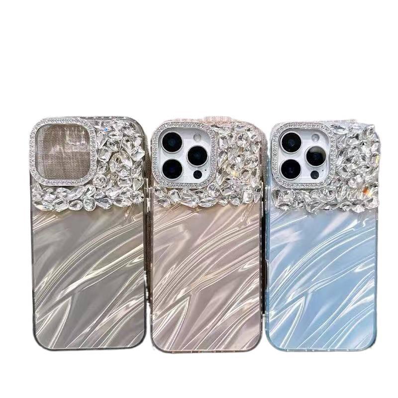 BB غطاء واقي بAcrylic لـ iPhone 12 مع حماية من السقوط وتغطية كاملة مع مقاوم للصدمات مع كريستال راينستون مع نمط مموج باللون وردي بتفاصيل مرصعة من الأكريليك باللون الوردي - Image 2