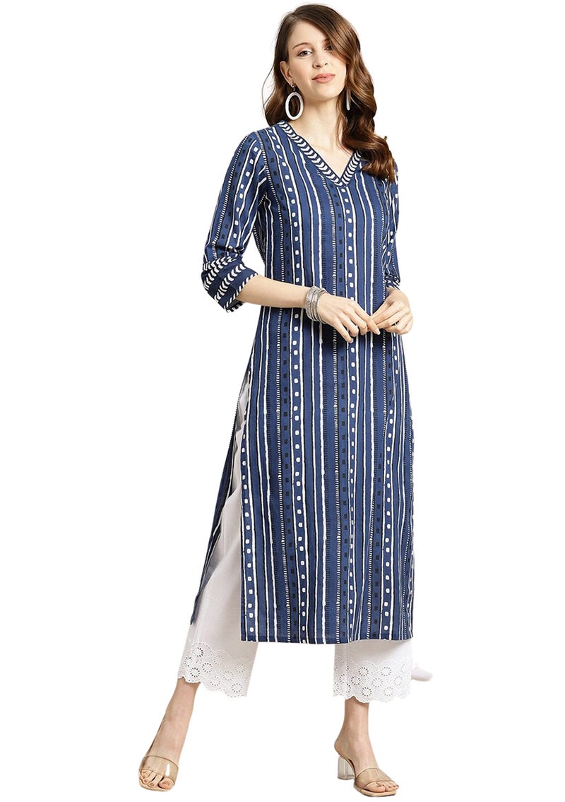 rytras Women's Cotton Printed Straight Kurta(RYT311_Blue_XX-Large) - Image 1