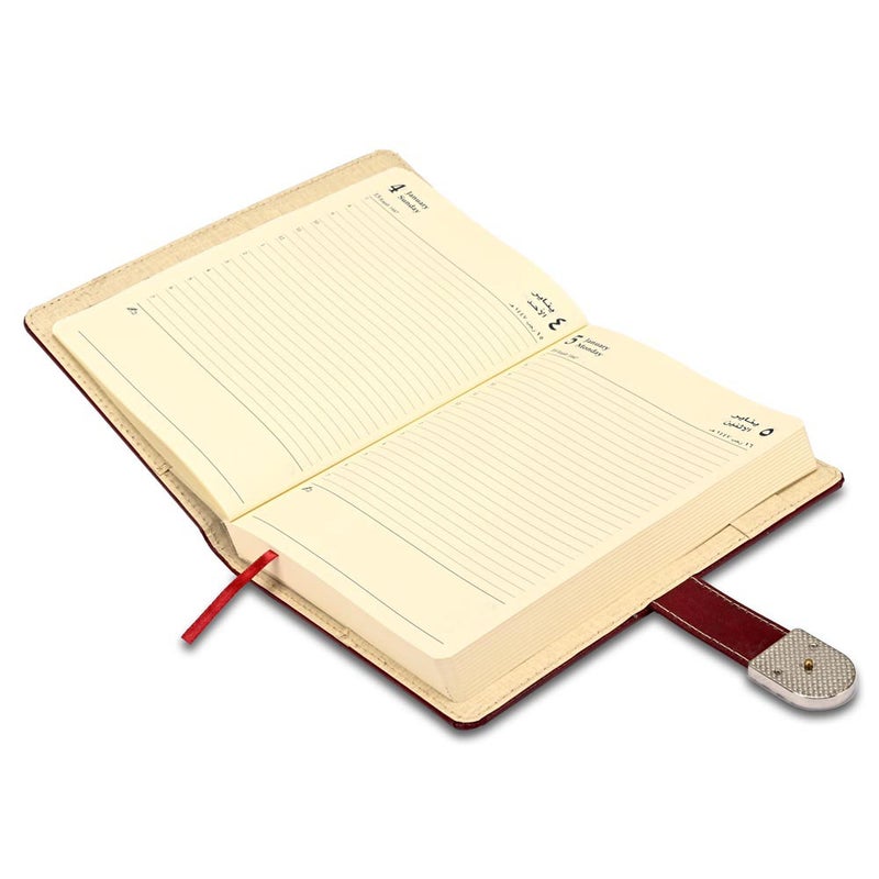 FIS مفكرة FIS 2026 A5، 148x210 مم، غلاف جلد مزود بحشوة من الجانبين، زوايا مدورة مع قفل مغناطيسي، عربي/إنجليزي، ورق إيطالي عاجي 70 جرام، غلاف ماروني، تصميم قفل 6 - FSDI86AE26D06 - Image 3