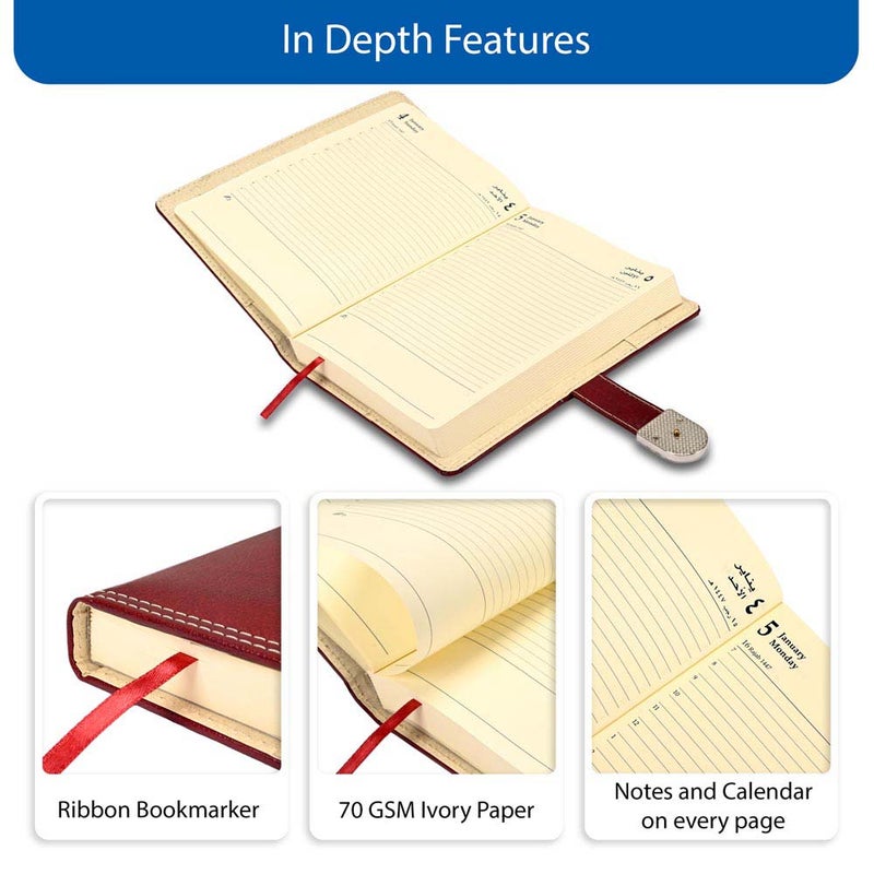 FIS مفكرة FIS 2026 A5، 148x210 مم، غلاف جلد مزود بحشوة من الجانبين، زوايا مدورة مع قفل مغناطيسي، عربي/إنجليزي، ورق إيطالي عاجي 70 جرام، غلاف ماروني، تصميم قفل 6 - FSDI86AE26D06 - Image 5