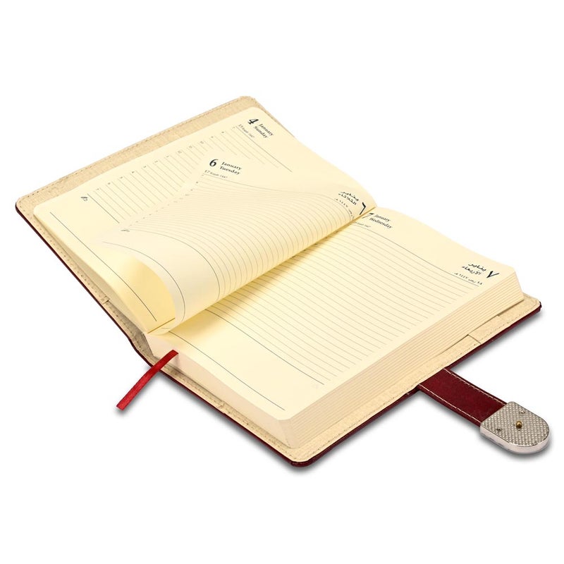 FIS مفكرة FIS 2026 A5، 148x210 مم، غلاف جلد مزود بحشوة من الجانبين، زوايا مدورة مع قفل مغناطيسي، عربي/إنجليزي، ورق إيطالي عاجي 70 جرام، غلاف ماروني، تصميم قفل 6 - FSDI86AE26D06 - Image 4