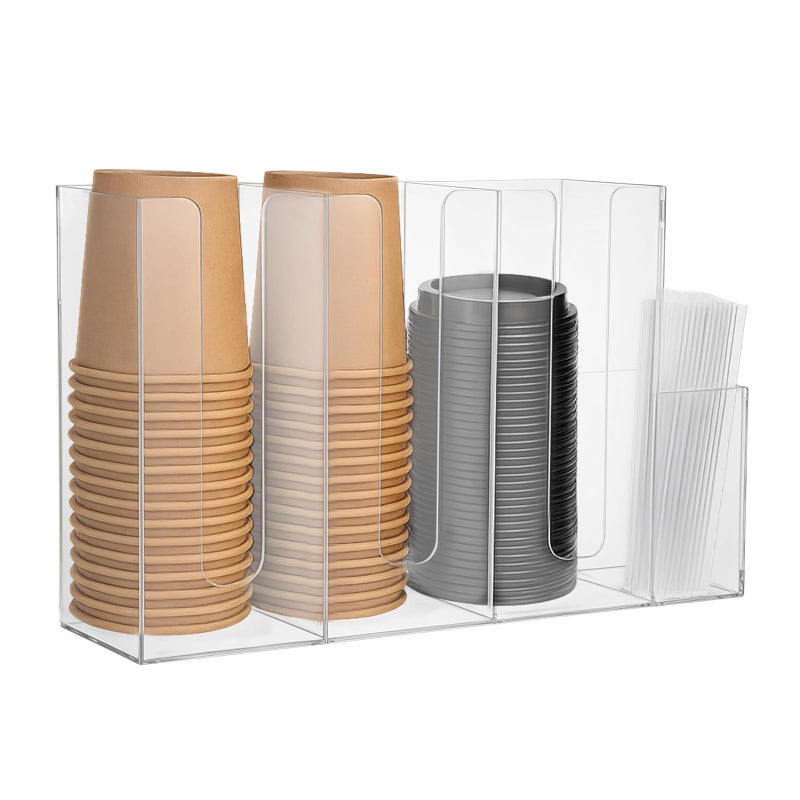 AojSup 1 Pc 4 Compartments Acrylic Coffee Cup and Lid Storage Organizer Holder Disposable Paper Cup Dispenser Organizer Plastic Lid Holder Accessories for Kitchen Bar Shop Party Supplies Transparent - Image 2