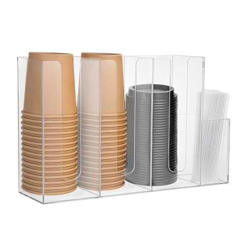 AojSup 1 Pc 4 Compartments Acrylic Coffee Cup and Lid Storage Organizer Holder Disposable Paper Cup Dispenser Organizer Plastic Lid Holder Accessories for Kitchen Bar Shop Party Supplies Transparent - Image 1