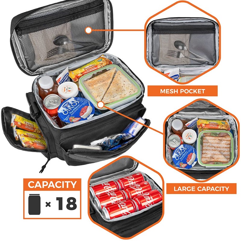 opux Tactical Lunch Box for Men, Black Mens Insulated Lunch Bag for Adult, Leakproof Soft Lunch Cooler with MOLLE Mesh Side Pockets, Multicam Heavy Duty Lunchbox Pail for Work Women, Large, 18 Cans - Image 3