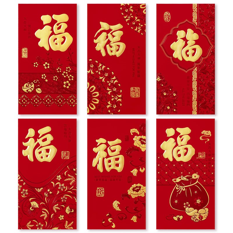 ThxToms 36pcs Red Envelopes Chinese New Year,Red Chinese Envelopes for Money 2026 Horse Lunar New Year,6 Designs, Gold Foil Fu, L - Image 1