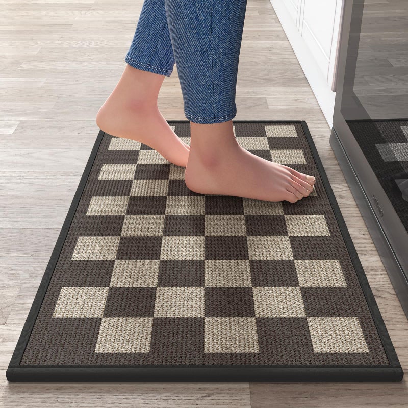 YDKGL Kitchen Mats for Floor, Super Absorbent Kitchen Rugs Non Slip Washable, Linen-Look Woven Cushion Kitchen Runner Rug, Kitchen Sink Standing Mat, Black Beige Checkered 17"x30" - Image 1