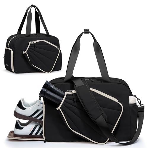 Smasrob Pickleball Tote Bag for Women with Exterior Paddle Pocket and Separate Shoe Compartment, Pickleball Bags with Wet Pocket and Detachable Strap, Black - Image 1