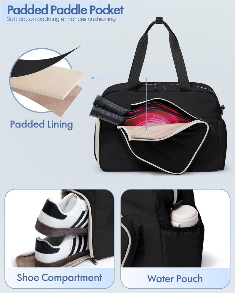 Smasrob Pickleball Tote Bag for Women with Exterior Paddle Pocket and Separate Shoe Compartment, Pickleball Bags with Wet Pocket and Detachable Strap, Black - Image 2